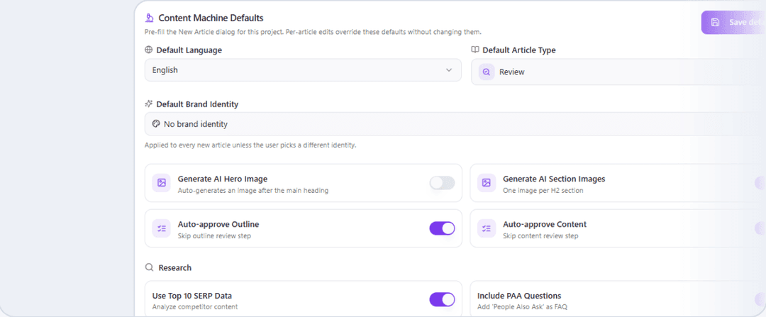 Content machine defaults panel with default language, article type and generation toggles