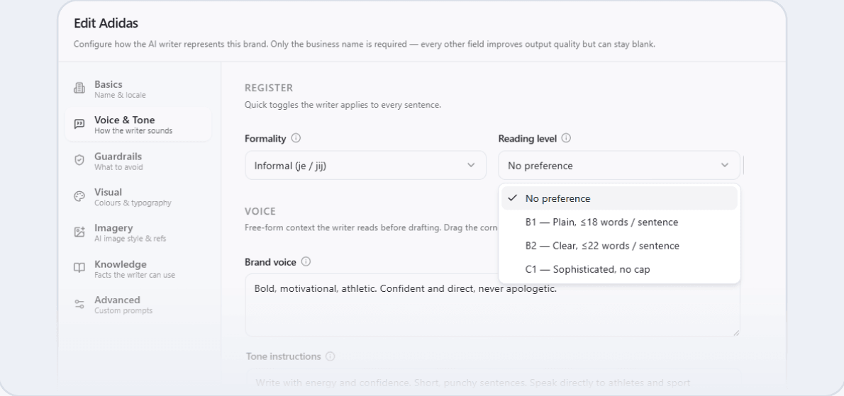 Brand editor in PSEO Builder with formality, reading level and brand voice fields