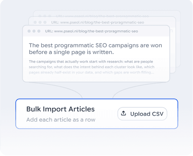 Stacked article previews above a Bulk Import Articles bar with an Upload CSV button