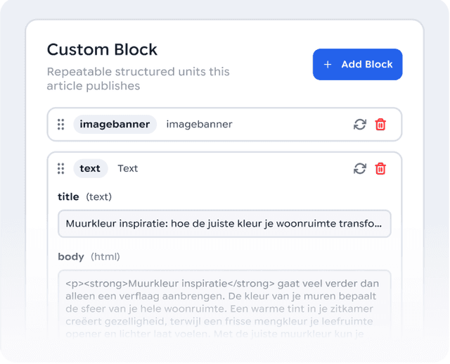 Custom Block editor with an image banner block and a text block holding title and body fields