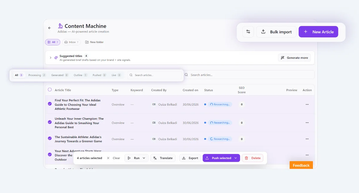 Articles list (status, score, author, language filters)