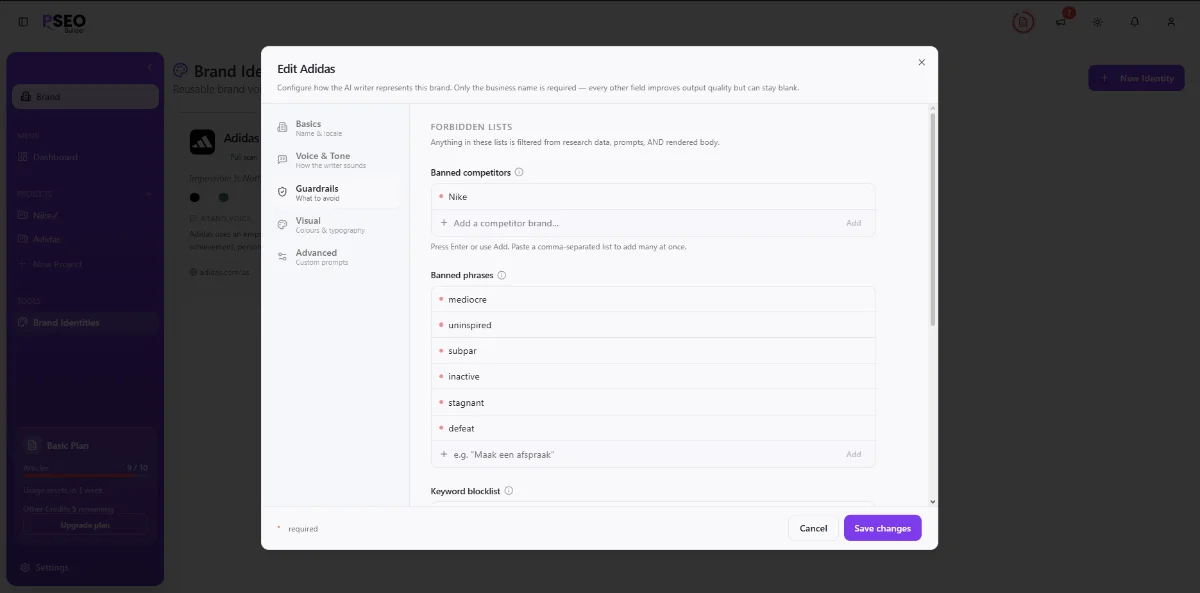 Guardrails screenshot (banned competitors, banned phrases, required disclaimers)