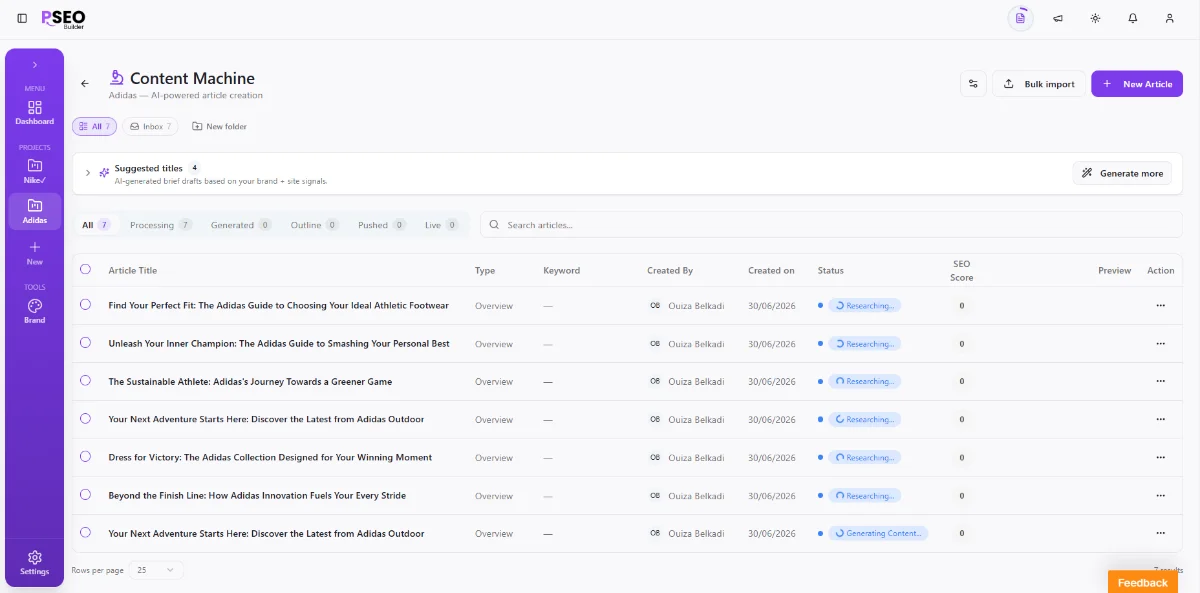 Content Machine screenshot (an article and its Research/Outline/Content/SEO tabs)